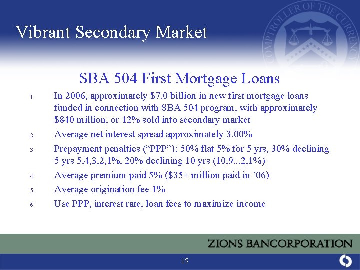 Vibrant Secondary Market SBA 504 First Mortgage Loans 1. 2. 3. 4. 5. 6.