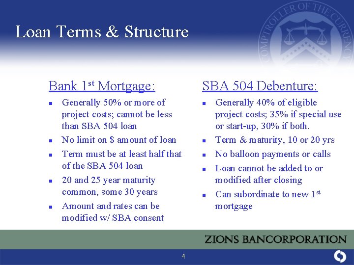 Loan Terms & Structure Bank 1 st Mortgage: n n n SBA 504 Debenture: