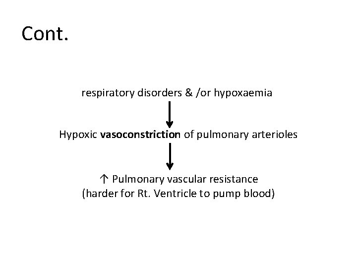 Cont. respiratory disorders & /or hypoxaemia Hypoxic vasoconstriction of pulmonary arterioles ↑ Pulmonary vascular