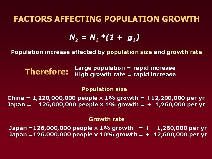 FACTORS AFFECTING POPULATION GROWTH N 2 = N 1 *(1 + g 1) Population