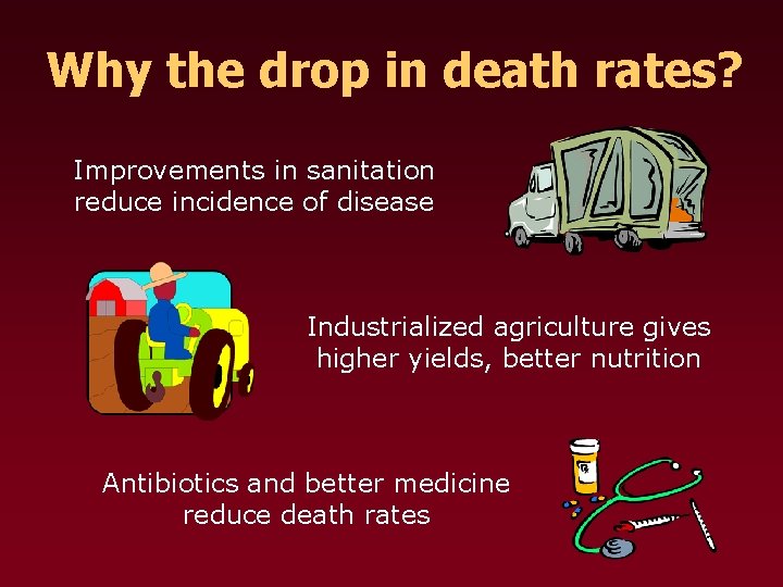 Why the drop in death rates? Improvements in sanitation reduce incidence of disease Industrialized