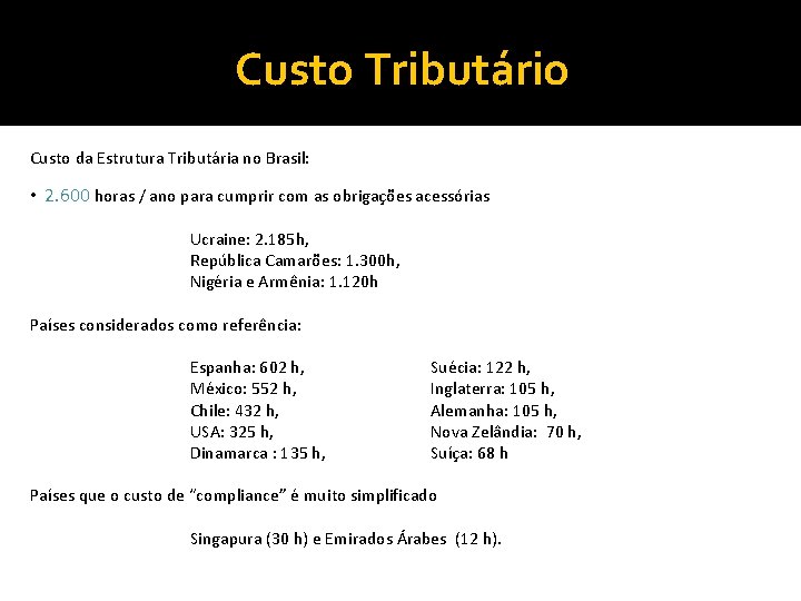 Custo Tributário Custo da Estrutura Tributária no Brasil: • 2. 600 horas / ano