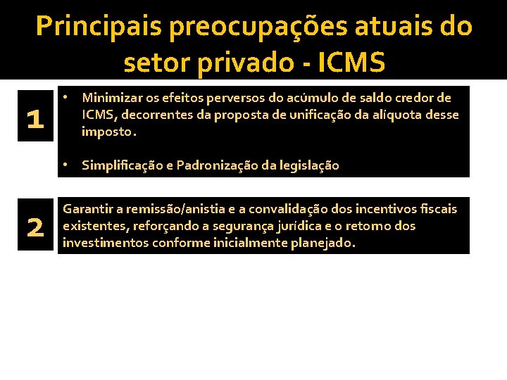 Principais preocupações atuais do setor privado - ICMS 1 • Minimizar os efeitos perversos