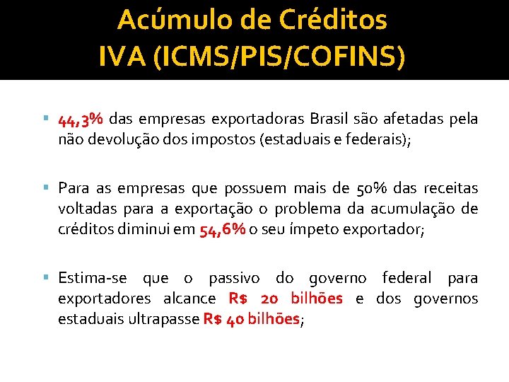 Acúmulo de Créditos IVA (ICMS/PIS/COFINS) 44, 3% das empresas exportadoras Brasil são afetadas pela