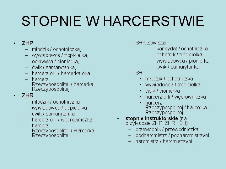 STOPNIE W HARCERSTWIE • ZHP – – – • młodzik / ochotniczka, wywiadowca /