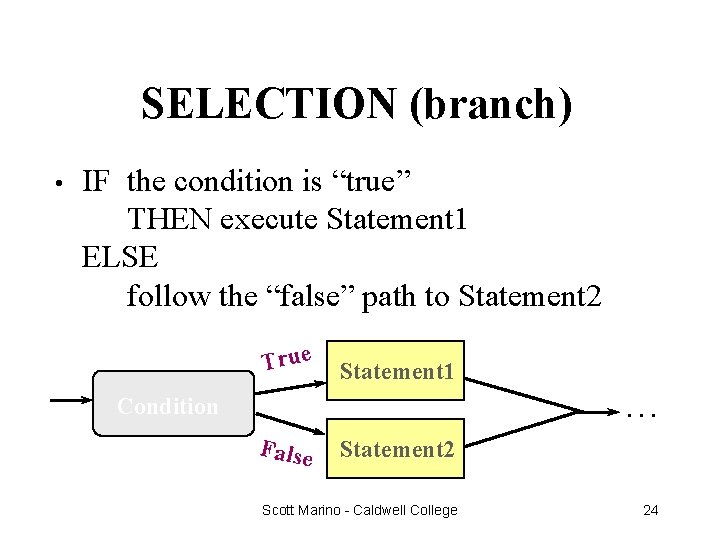 SELECTION (branch) • IF the condition is “true” THEN execute Statement 1 ELSE follow
