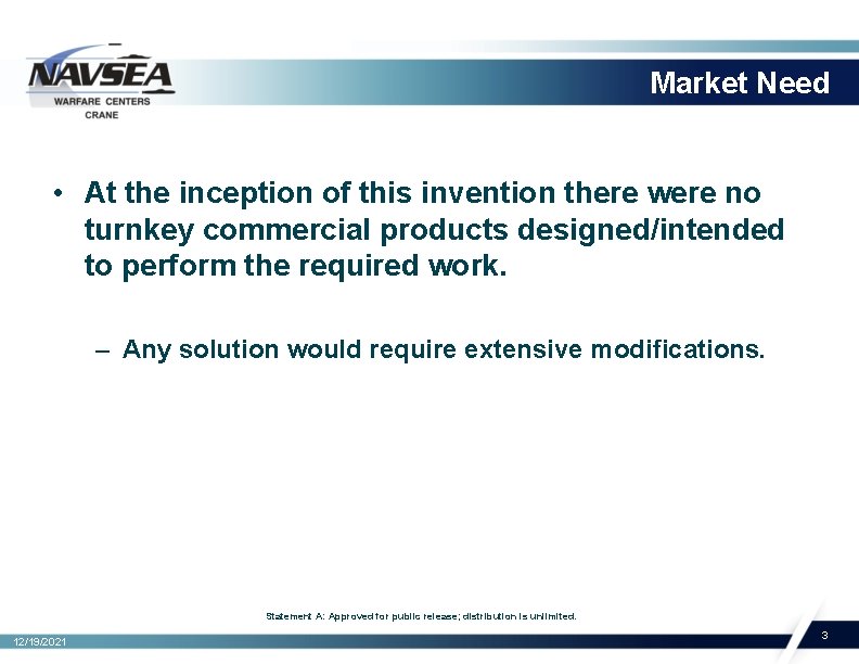 Market Need • At the inception of this invention there were no turnkey commercial