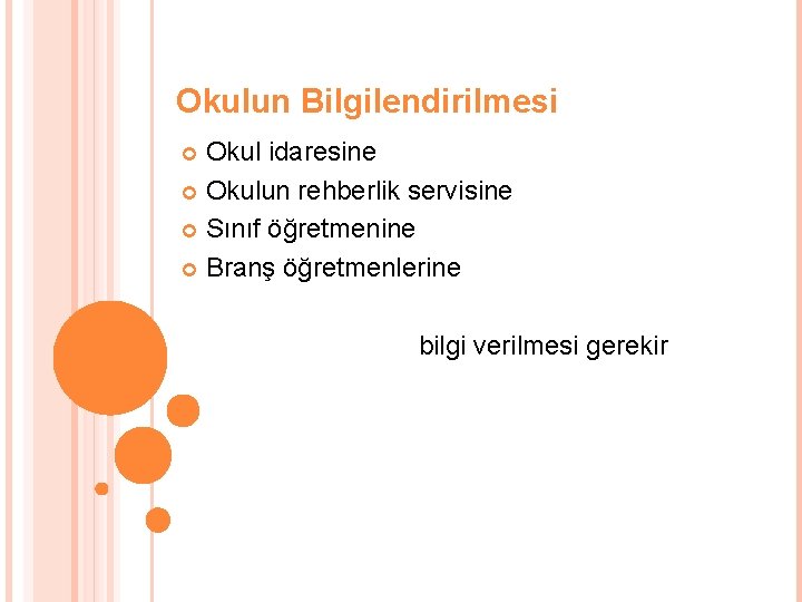 Okulun Bilgilendirilmesi Okul idaresine Okulun rehberlik servisine Sınıf öğretmenine Branş öğretmenlerine bilgi verilmesi gerekir