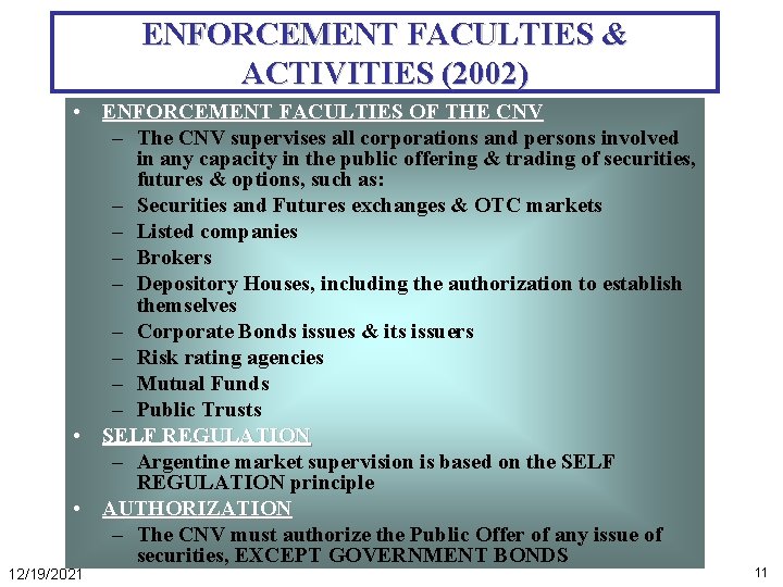 ENFORCEMENT FACULTIES & ACTIVITIES (2002) • ENFORCEMENT FACULTIES OF THE CNV – The CNV