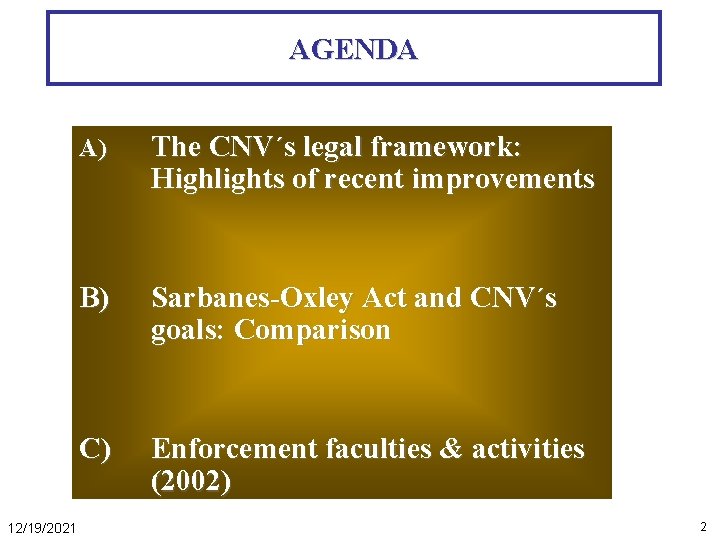 AGENDA 12/19/2021 A) The CNV´s legal framework: Highlights of recent improvements B) Sarbanes-Oxley Act