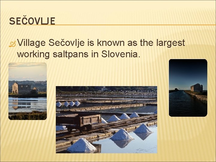 SEČOVLJE Village Sečovlje is known as the largest working saltpans in Slovenia. 
