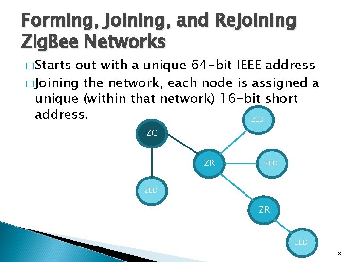 Forming, Joining, and Rejoining Zig. Bee Networks � Starts out with a unique 64