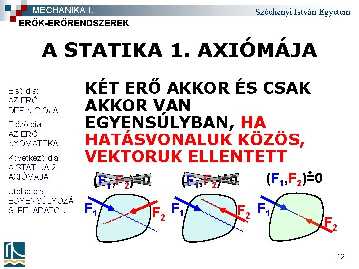 MECHANIKA I. ERŐK-ERŐRENDSZEREK Széchenyi István Egyetem A STATIKA 1. AXIÓMÁJA Első dia: AZ ERŐ