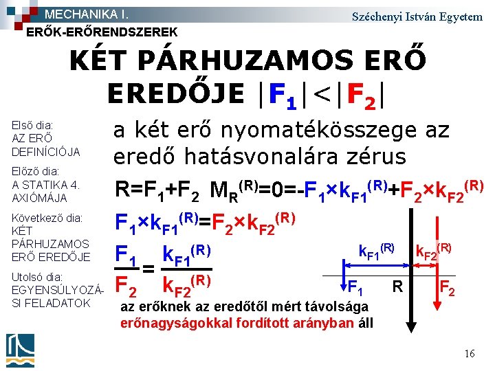 MECHANIKA I. ERŐK-ERŐRENDSZEREK Széchenyi István Egyetem KÉT PÁRHUZAMOS ERŐ EREDŐJE |F 1|<|F 2| Első