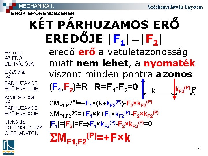 MECHANIKA I. ERŐK-ERŐRENDSZEREK Széchenyi István Egyetem KÉT PÁRHUZAMOS ERŐ EREDŐJE |F 1|=|F 2| Első