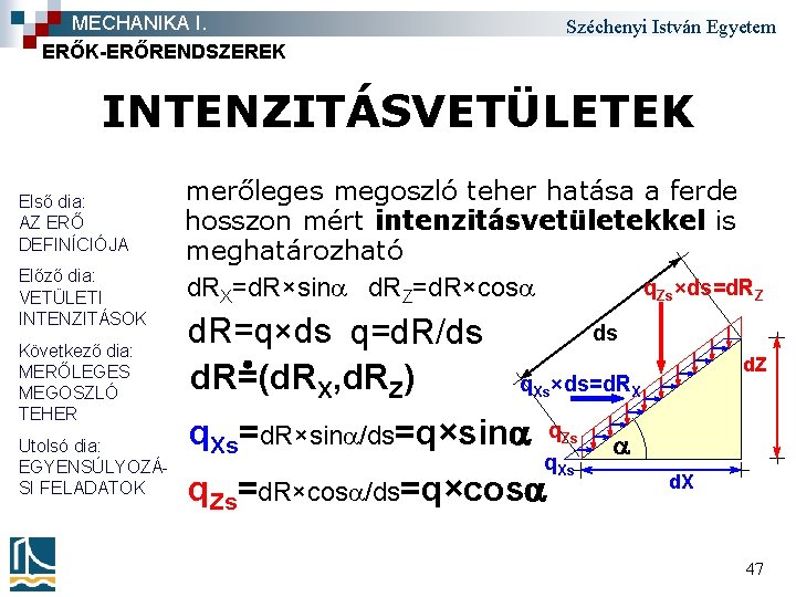 MECHANIKA I. ERŐK-ERŐRENDSZEREK Széchenyi István Egyetem INTENZITÁSVETÜLETEK Első dia: AZ ERŐ DEFINÍCIÓJA Előző dia: