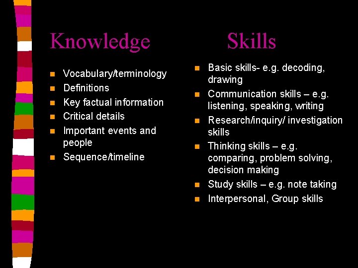 Knowledge n n n Vocabulary/terminology Definitions Key factual information Critical details Important events and