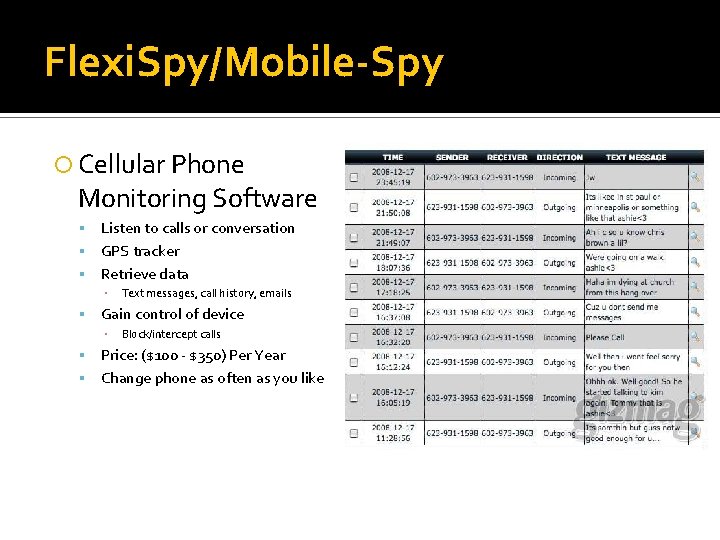 Flexi. Spy/Mobile-Spy Cellular Phone Monitoring Software Listen to calls or conversation GPS tracker Retrieve