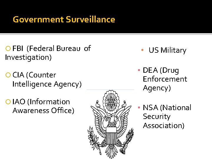 Government Surveillance FBI (Federal Bureau of Investigation) CIA (Counter Intelligence Agency) IAO (Information Awareness