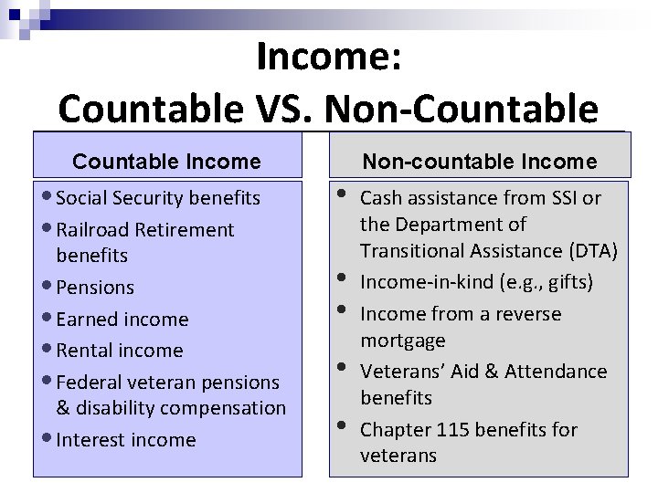 Income: Countable VS. Non-Countable Income • Social Security benefits • Railroad Retirement benefits •