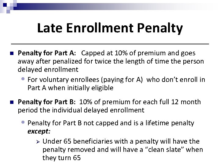 Late Enrollment Penalty n Penalty for Part A: Capped at 10% of premium and