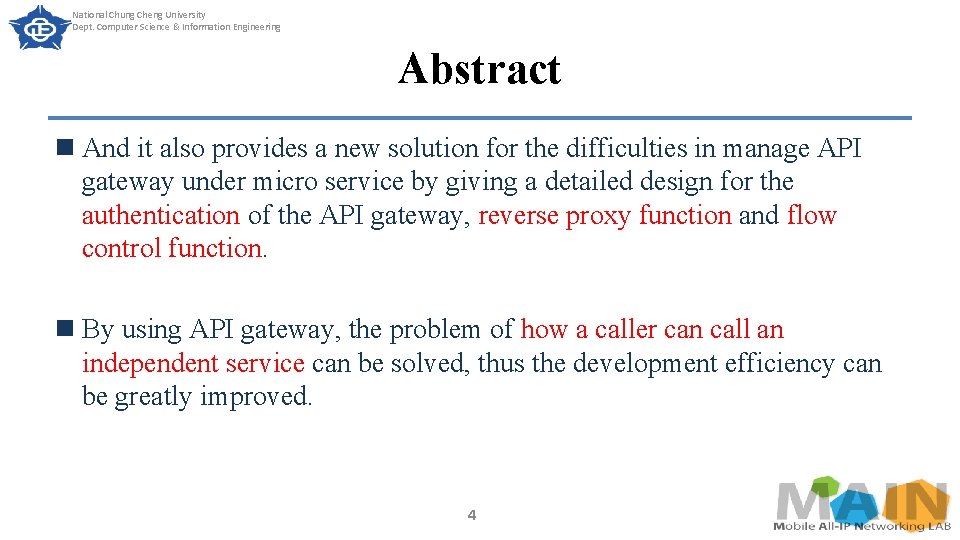 National Chung Cheng University Dept. Computer Science & Information Engineering Abstract n And it