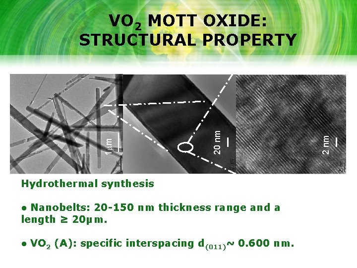 Hydrothermal synthesis ● Nanobelts: 20 -150 nm thickness range and a length ≥ 20μm.