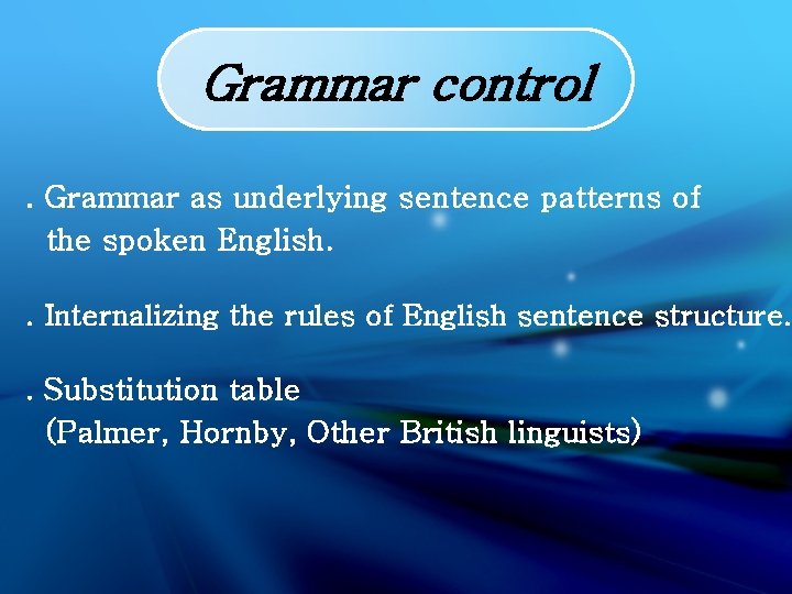 Grammar control. Grammar as underlying sentence patterns of the spoken English. . Internalizing the