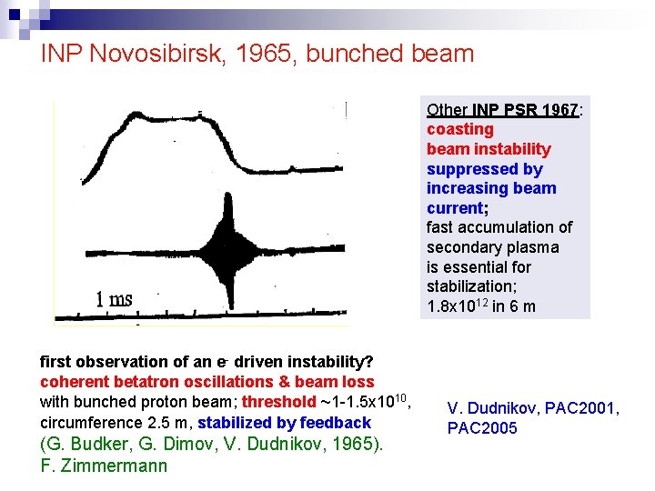 INP Novosibirsk, 1965, bunched beam Other INP PSR 1967: coasting beam instability suppressed by