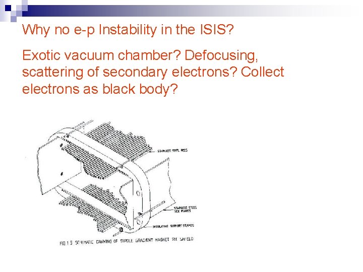 Why no e-p Instability in the ISIS? Exotic vacuum chamber? Defocusing, scattering of secondary