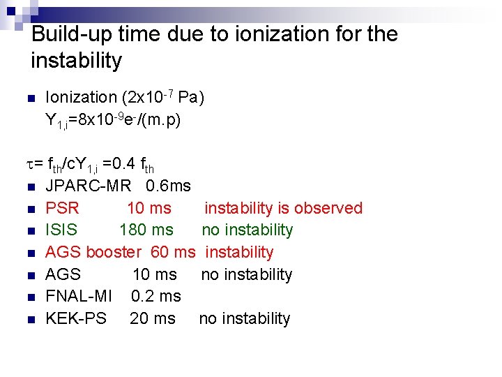 Build-up time due to ionization for the instability n Ionization (2 x 10 -7