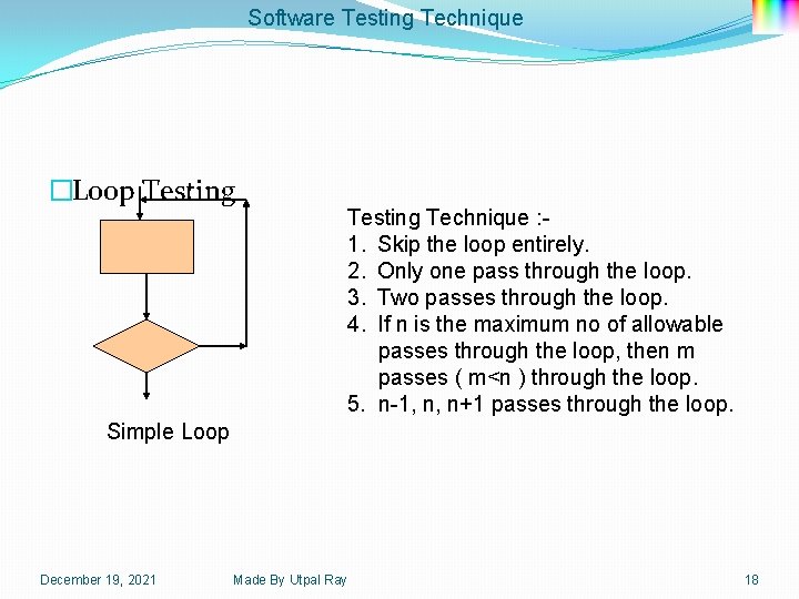 Software Testing Technique �Loop Testing Technique : 1. Skip the loop entirely. 2. Only
