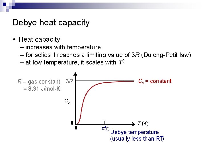Debye heat capacity • Heat capacity -- increases with temperature -- for solids it