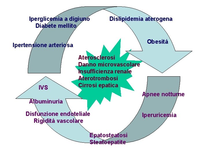 Iperglicemia a digiuno Diabete mellito Dislipidemia aterogena Obesità Ipertensione arteriosa IVS Aterosclerosi Danno microvascolare