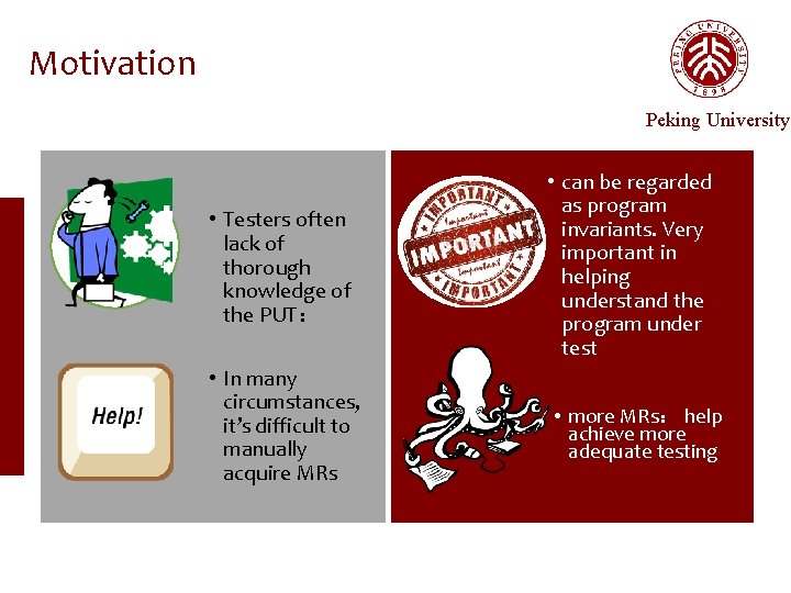 Motivation Peking University • Testers often lack of thorough knowledge of the PUT： •