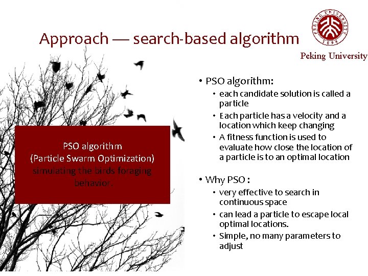 Approach — search-based algorithm Peking University • PSO algorithm: PSO algorithm (Particle Swarm Optimization)