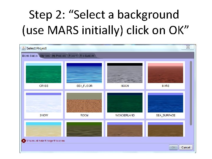 Step 2: “Select a background (use MARS initially) click on OK” 