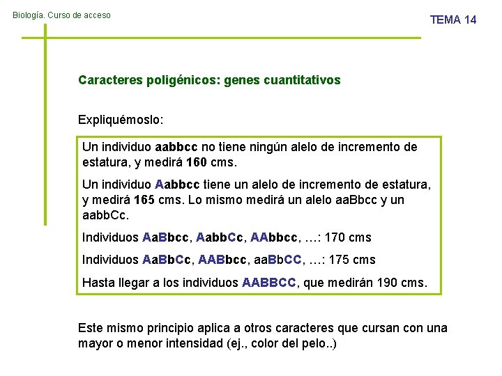 Biología. Curso de acceso TEMA 14 Caracteres poligénicos: genes cuantitativos Expliquémoslo: Un individuo aabbcc