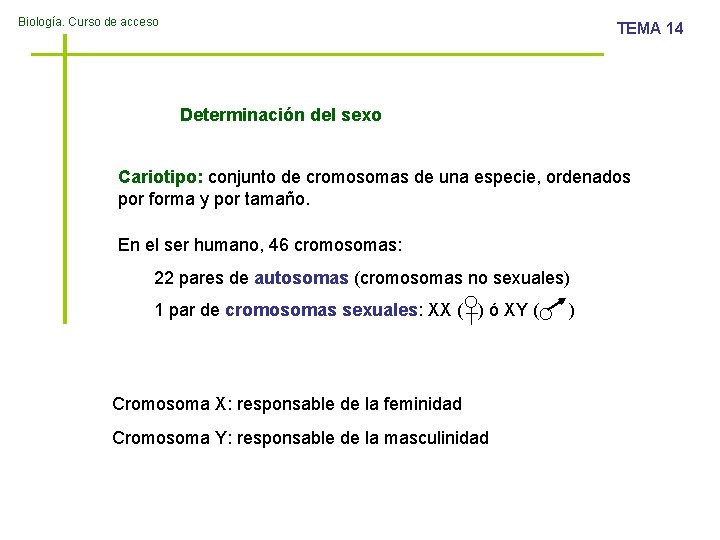 Biología. Curso de acceso TEMA 14 Determinación del sexo Cariotipo: conjunto de cromosomas de