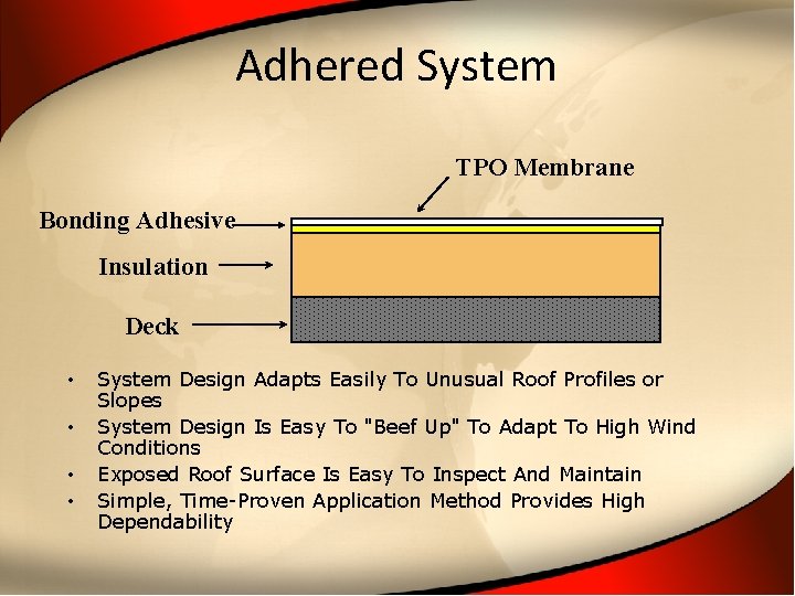 Adhered System TPO Membrane Bonding Adhesive Insulation Deck • • System Design Adapts Easily
