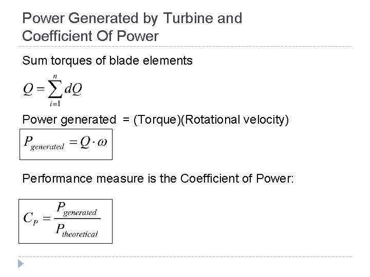 Power Generated by Turbine and Coefficient Of Power Sum torques of blade elements Power