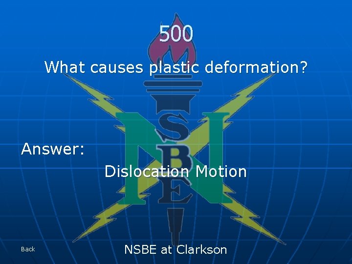 500 What causes plastic deformation? Answer: Dislocation Motion Back NSBE at Clarkson 