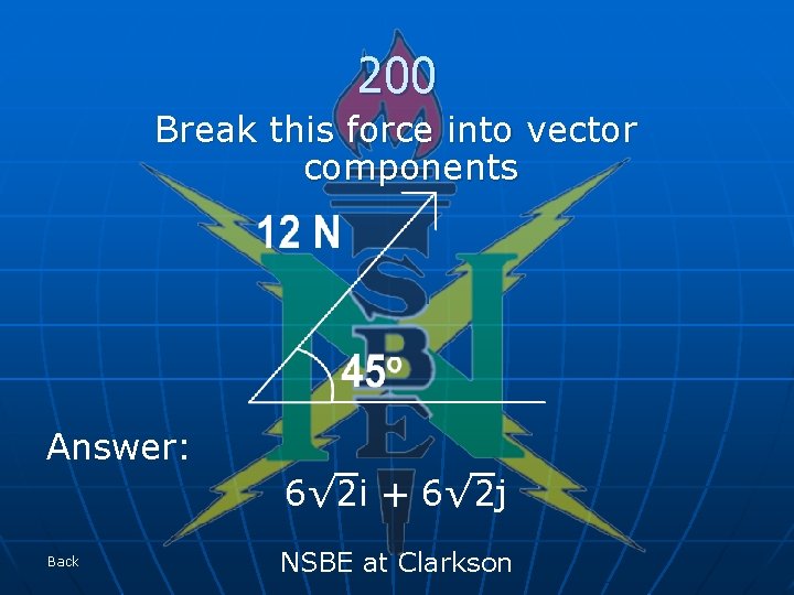 200 Break this force into vector components Answer: 6√ 2 i + 6√ 2