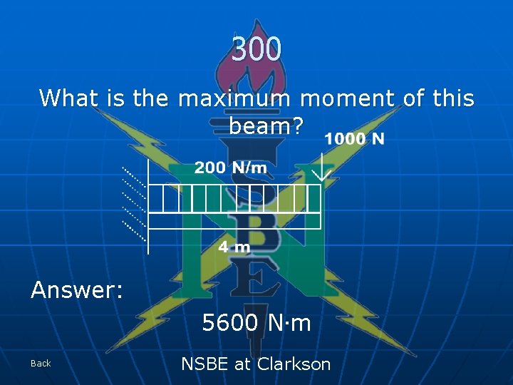 300 What is the maximum moment of this beam? Answer: 5600 N. m Back