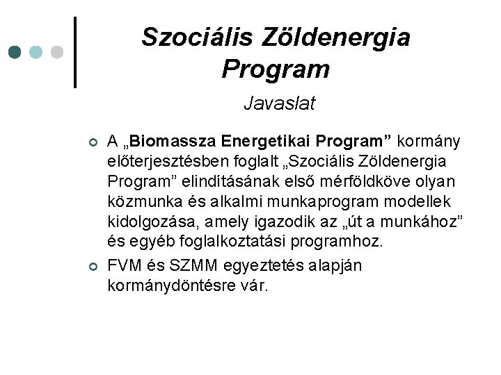 Szociális Zöldenergia Program Javaslat ¢ ¢ A „Biomassza Energetikai Program” kormány előterjesztésben foglalt „Szociális