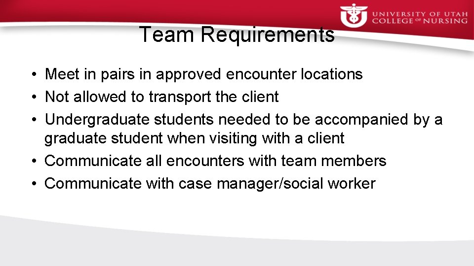 Team Requirements • Meet in pairs in approved encounter locations • Not allowed to