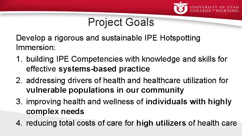 Project Goals Develop a rigorous and sustainable IPE Hotspotting Immersion: 1. building IPE Competencies