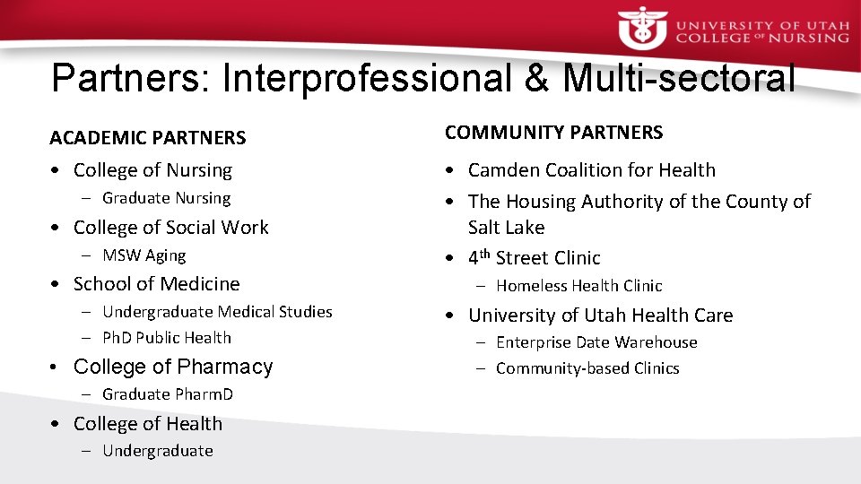 Partners: Interprofessional & Multi-sectoral ACADEMIC PARTNERS • College of Nursing – Graduate Nursing •