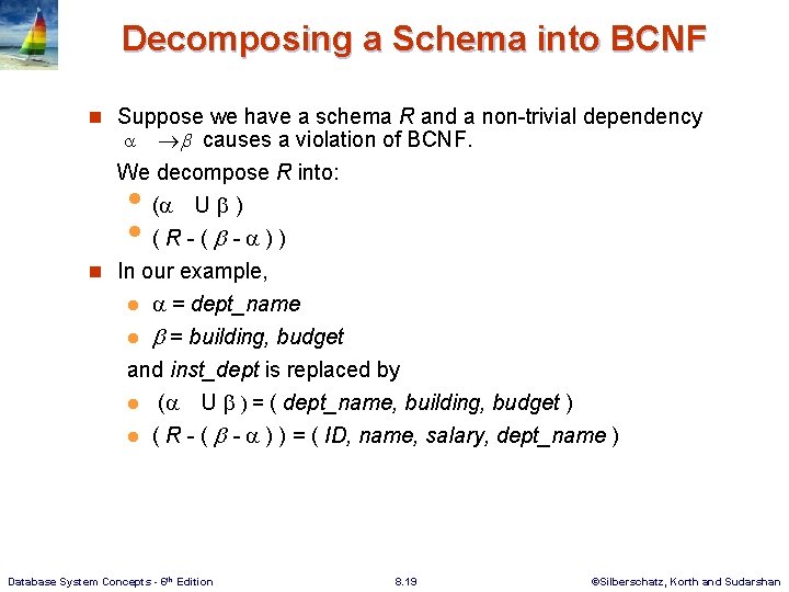 Decomposing a Schema into BCNF n Suppose we have a schema R and a