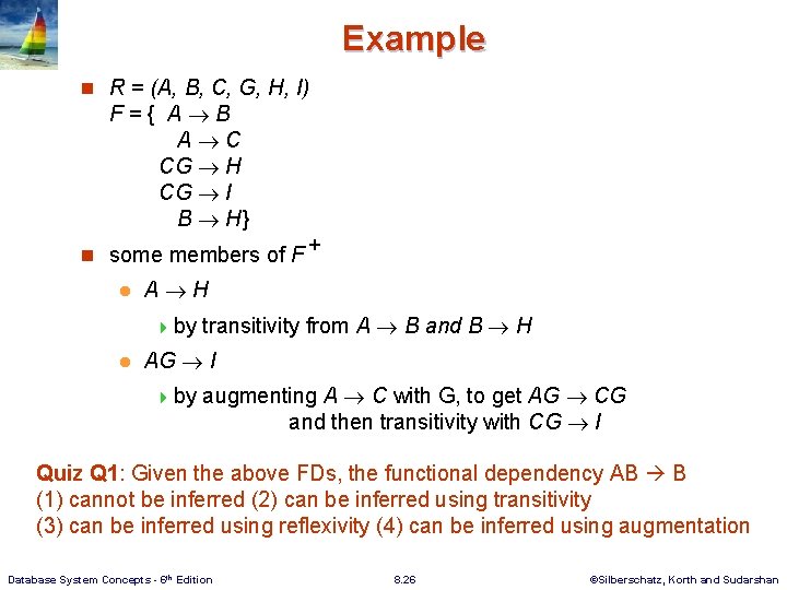 Example n R = (A, B, C, G, H, I) F={ A B A